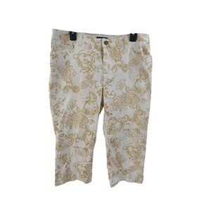 Chaps Women's Denim Cropped Pants Flat Front Pockets Floral Coastal Size 16